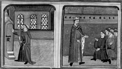 Decameron, En brudgom banker på dronningens dør forklædt som konge; kongen konfronterer sine tjenere. Tredje dag, novelle 2 af Giovanni Boccaccio
