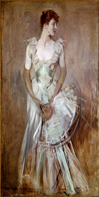 Smuk periode: "" Portræt af grevinden af Leusse nee Berthier""" Kvinde i elegant hvid aftenkjole. Maleri af Giovanni Boldini (1842-1931) søn. 200x105 cm Pistoia, Boldini Collection af Giovanni Boldini