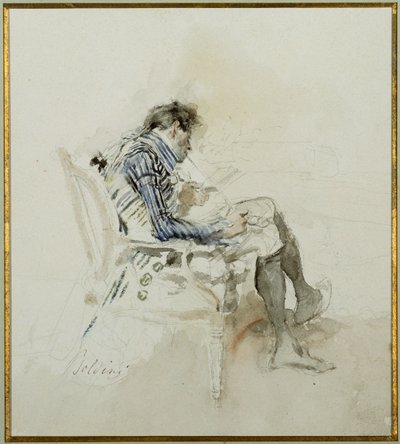Herre, der sidder i en lænestol, læser en bog og ryger en pibe af Giovanni Boldini