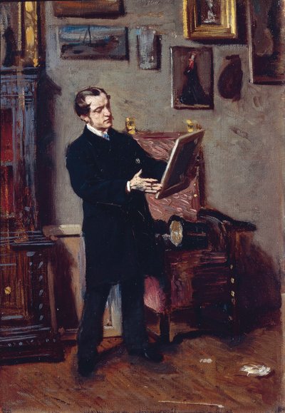 Italien, Firenze, ung mand, der ser på maleri af Giovanni Boldini