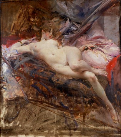 Udstrakt kvindelig nøgen (maleri på lærred) af Giovanni Boldini
