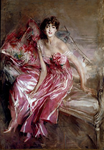 Portræt af Madame Olivia Concha de Fontecilla eller Damen i lyserødt maleri af Giovanni Boldini af Giovanni Boldini