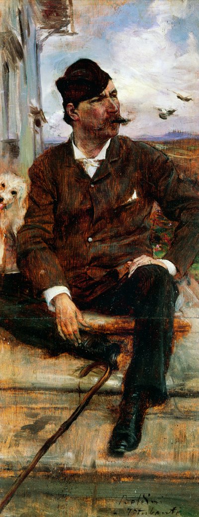 Portræt af maleren Cristiano Banti iført en plaid hat af Giovanni Boldini