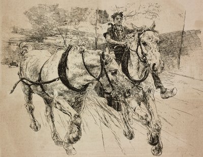 Forstærkningsvognsheste, gravering fra originaltegning af Giovanni Boldini, fra hans maleri, fra L