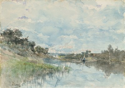 Flodlandskab med en fiskerbåd (akvarel) af Giovanni Boldini