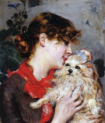 Skuespillerinden Regelane og hendes hund, c.1885 (olie på panel) af Giovanni Boldini