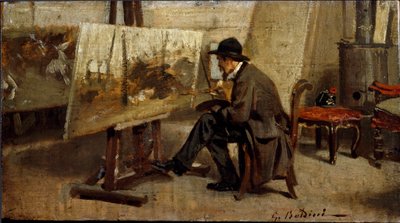 Maleren Giovanni Fattori i sit værksted Maleri tilskrevet Giovanni Boldini (1842-1931) 1863-1869 Søn. 13x24 cm Milan privat samling af Giovanni Boldini