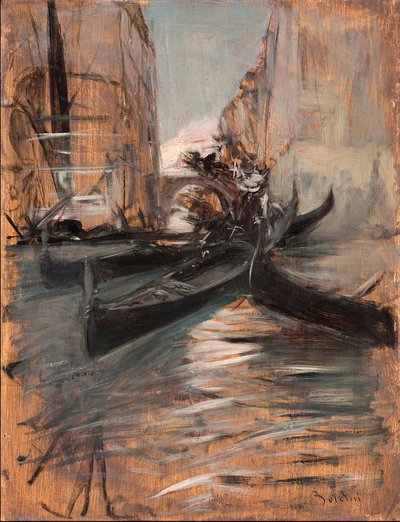 Udsigt over en kanal i Venedig med gondoler (Venetiansk kanal og gondoler) Maleri af Giovanni Boldini (1842-1931) 1910-1914 Privatsamling af Giovanni Boldini
