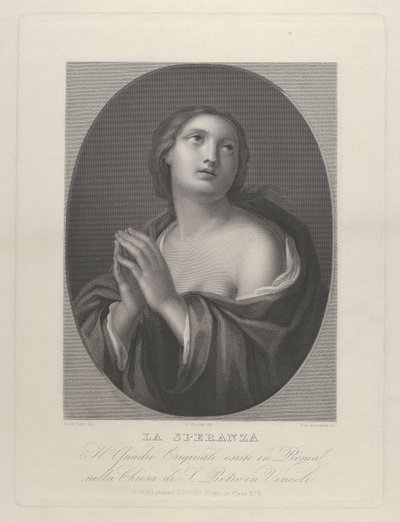 Kvindelig personificering af Hope ser op med hænder holdt sammen og venstre skulder..., ca. 1835-81. af Giovanni Buonafede