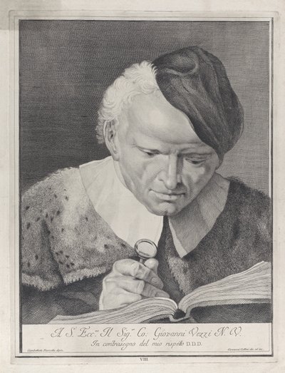 Mand i hat læser en bog med forstørrelsesglas, 1743. af Giovanni Cattini