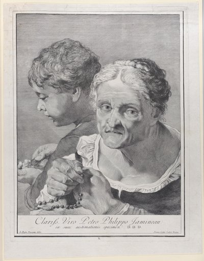 Gammel kvinde med rosenkrans og en dreng, der tæller mønter, 1743. af Giovanni Cattini