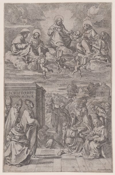 Gejstlighed i et landskabsskrift, andre i himmelriget ovenover, c1650. af Giovanni Cesare Testa