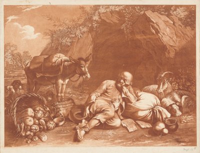 En gammel mand, der læner sig op ad en sæk af Giovanni De Pian after Francesco Londonio