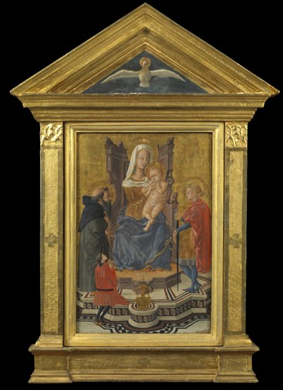 Jomfru og barn på tronen, med de hellige Anthony Abbed og Julian og en donor (fronton ovenfor - Helligånden), ca. 1430 (tempera på panel) af Giovanni Di Ser Giovanni Lo Sheggia (attr. to) Guidi