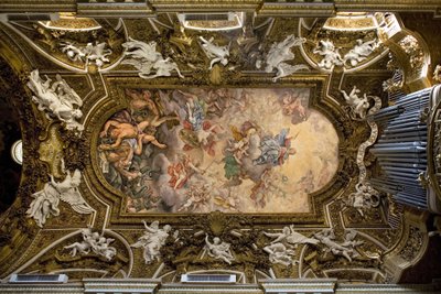 Hvælving af kirken Santa Maria della Vittoria i Rom, fresko der viser Jomfru Marias sejr over kætteri, de oprørske engles fald, udført i 1675 af Giovanni Domenico Cerrini (1609-1681), Konstruktion af det 17. århundrede, italiensk vedr af Giovanni Domenico Cerrini