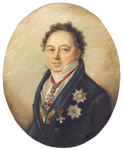 Grev Dmitry Pavlovich Tatishchev, vendt mod venstre i blå frakke, hvid vest og lager af Giovanni Domenico Bossi