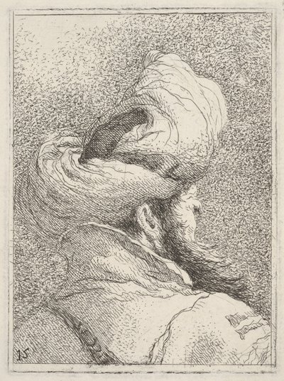 Skægget mand med turban, afbildet som buste bagfra i trekvart profil, fra "Samling af hoveder" (Raccolta di teste) af Giovanni Domenico Tiepolo