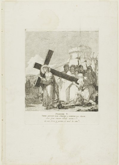 Kristus får hjælp af Simon af Kyrene, planche fem fra Korsvejen af Giovanni Domenico Tiepolo