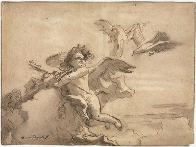 Amor med bind for øjnene og to duer, 1757 eller senere. af Giovanni Domenico Tiepolo