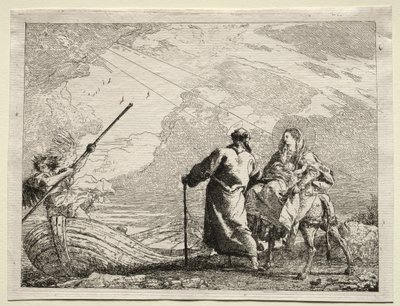 Flyvning til Egypten: Den hellige familie ankommer til flodens bred af Giovanni Domenico Tiepolo