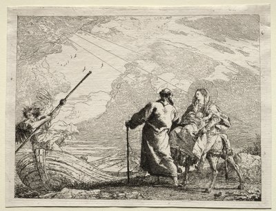 Flyvning til Egypten: Den hellige familie ankommer til flodens bred. af Giovanni Domenico Tiepolo