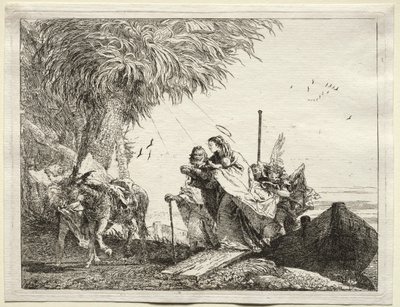 Flyvning til Egypten: Den hellige familie, landstigning af Giovanni Domenico Tiepolo