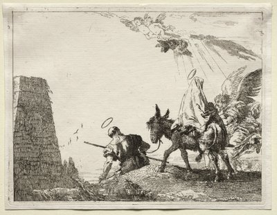 Flyvning til Egypten: Den hellige familie passerer nær en pyramide. af Giovanni Domenico Tiepolo
