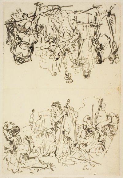 Foldet ark med "The martyrium of St Stephen and Agrippina landing in Brindisi with the Ashes of Germanicus" af Giovanni Domenico Tiepolo