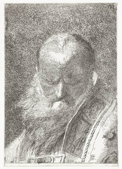 Gejstlig med skaldet hoved i kapsel Samling af hoveder (serietitel) Raccolta di Teste (serietitel) af Giovanni Domenico Tiepolo