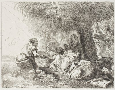 Joseph tilbeder barnet mens to engle synger, plade nitten fra Flugten til Egypten af Giovanni Domenico Tiepolo
