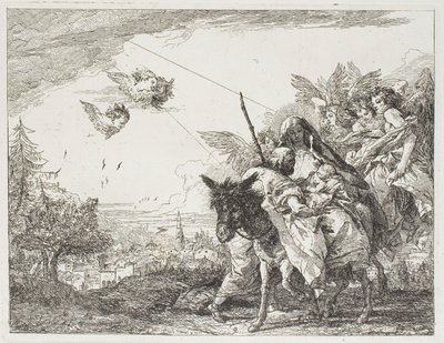 Josef tilbeder barnet, som holdes i Marias arme, planche ni fra Flugten til Egypten af Giovanni Domenico Tiepolo
