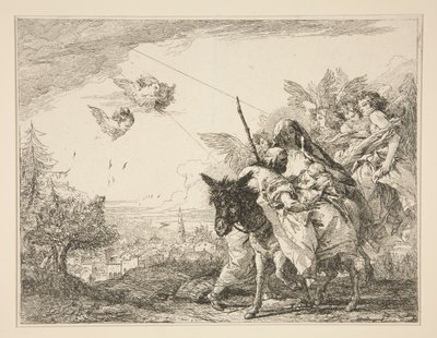 Joseph Contemplates the Infant Jesus, fra serien Picturesque Ideas over the Flight into Egypt (Flight into Egypt) af Giovanni Domenico Tiepolo
