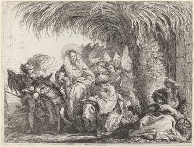 Joseph knæler med barnet foran Maria på æslet af Giovanni Domenico Tiepolo