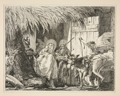 Josef og Maria foran et hus, fra serien Idee pittoresche sopra la fuga in Egitto (Flight into Egypt) af Giovanni Domenico Tiepolo