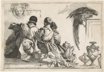 Knælende sider, en maske og en papegøje af Giovanni Domenico Tiepolo