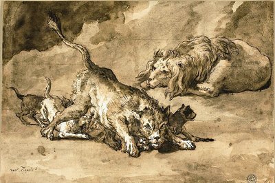 Løve, løvinde og unger af Giovanni Domenico Tiepolo