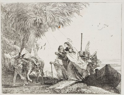 Mary, hjulpet af Josef og en engel, træder ud af båden, tallerken atten fra Flugten til Egypten af Giovanni Domenico Tiepolo