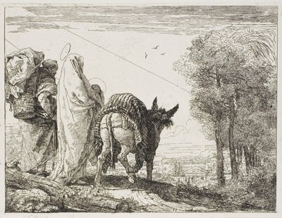Maria holder barnet i sine arme og Josef med kurven, tallerken ti fra Flugten til Egypten af Giovanni Domenico Tiepolo