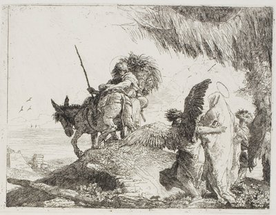 Mary, støttet af to engle, følger Joseph, plade 26 fra Flugten til Egypten af Giovanni Domenico Tiepolo