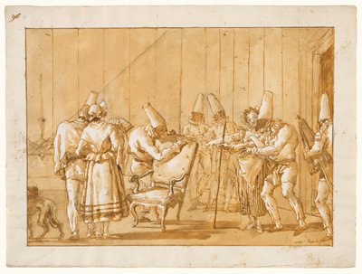 Punchinello hjælpes hen til en stol af Giovanni Domenico Tiepolo