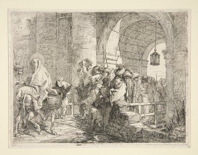 Den hellige families ankomst ved porten til en by, fra serien Idee pittoresche sopra la fuga in Egitto (Flight into Egypt) af Giovanni Domenico Tiepolo