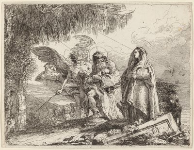 Flugten, den hellige familie går med engel af Giovanni Domenico Tiepolo