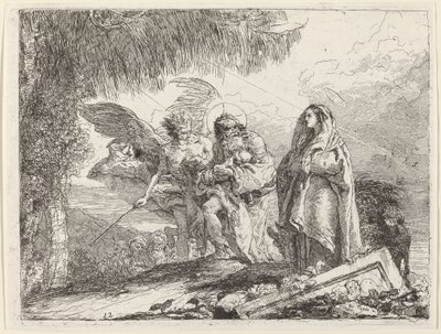 Flugten, den hellige familie går med engel af Giovanni Domenico Tiepolo