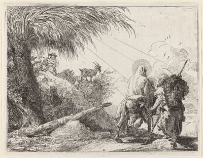 Flugten, den hellige familie til højre, Joseph ser til venstre af Giovanni Domenico Tiepolo