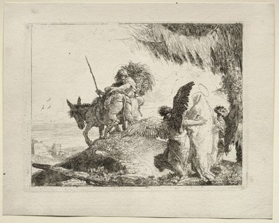 Flugten til Egypten: Flugten med Madonnaen til højre, støttet af engle af Giovanni Domenico Tiepolo