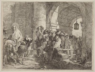 Den hellige familie ankommer til en byport af Giovanni Domenico Tiepolo