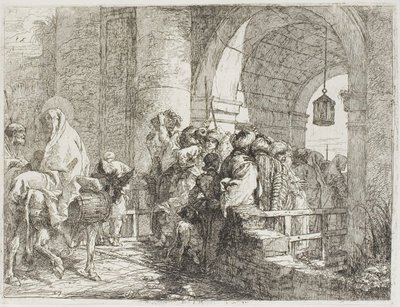 Den hellige familie ankommer til en byport, plade 27 fra Flugten til Egypten af Giovanni Domenico Tiepolo