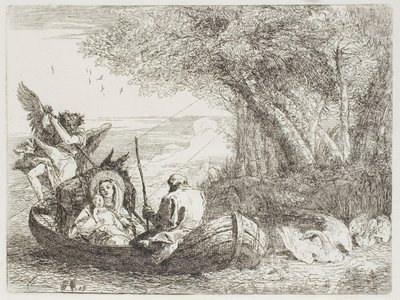 Den hellige familie krydser søen i båden, plade sytten fra Flugten til Egypten af Giovanni Domenico Tiepolo