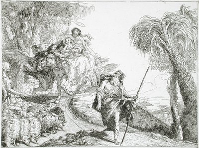 Den hellige familie på vej ned ad en skovsti, nær en flok og nogle hyrder af Giovanni Domenico Tiepolo
