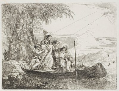 Den hellige familie går ind i båden med englenes hjælp, plade seksten fra Flugten til Egypten af Giovanni Domenico Tiepolo